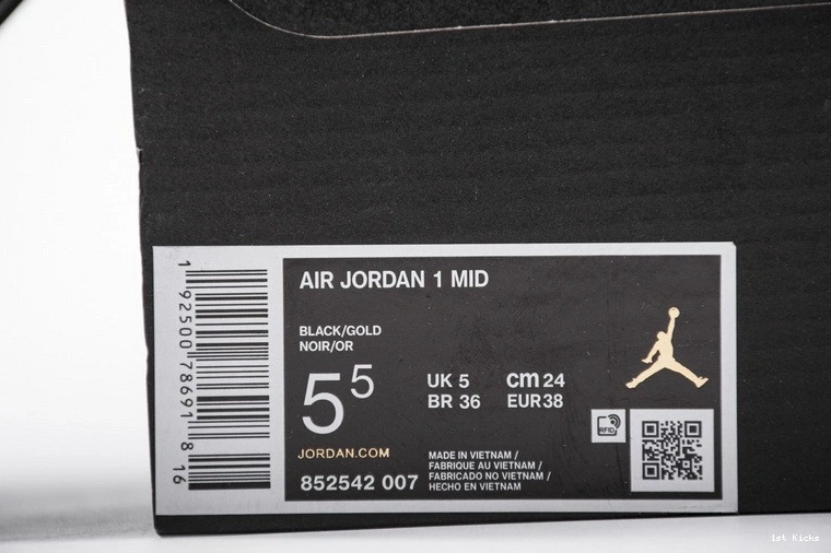 1 Black Gold  Mid Jordan Patent  White 852542-007 0410